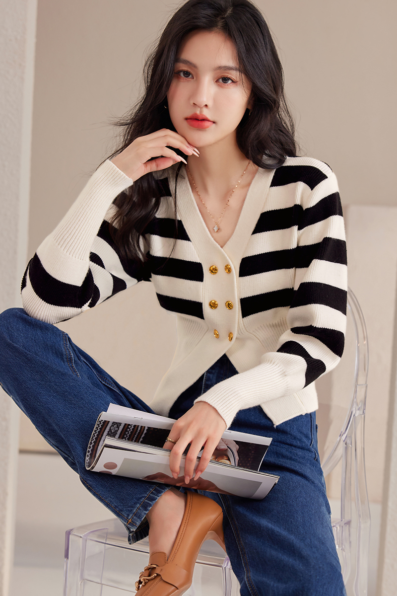 Stripe pinched waist sweater autumn V-neck tops