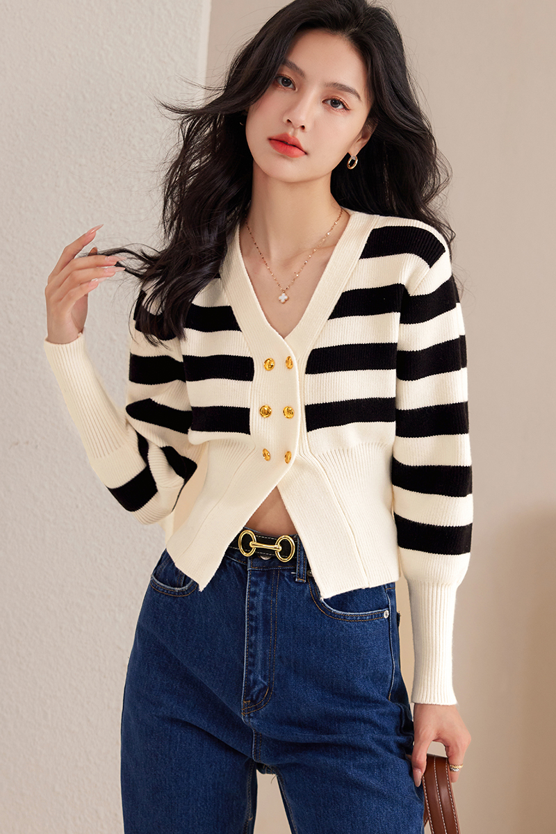 Stripe pinched waist sweater autumn V-neck tops