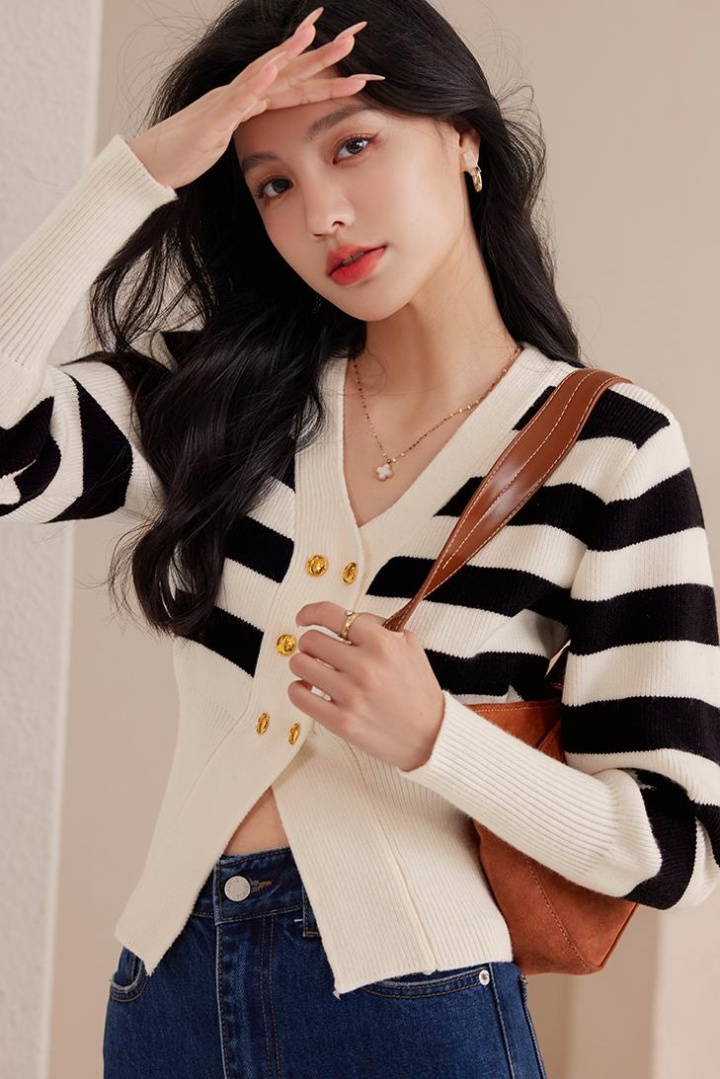 Stripe pinched waist sweater autumn V-neck tops