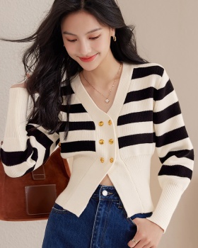 Stripe pinched waist sweater autumn V-neck tops