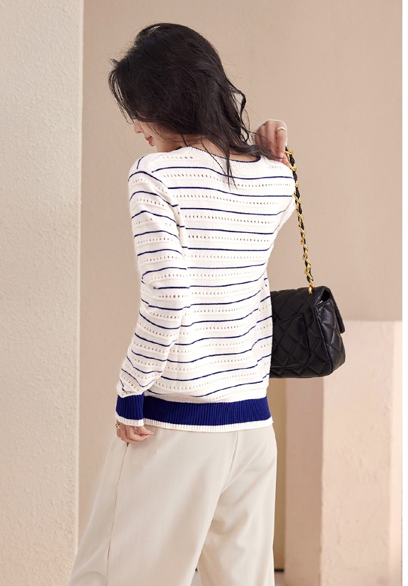 Stripe mixed colors hollow tops autumn navy-blue sweater