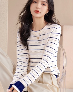 Stripe mixed colors hollow tops autumn navy-blue sweater