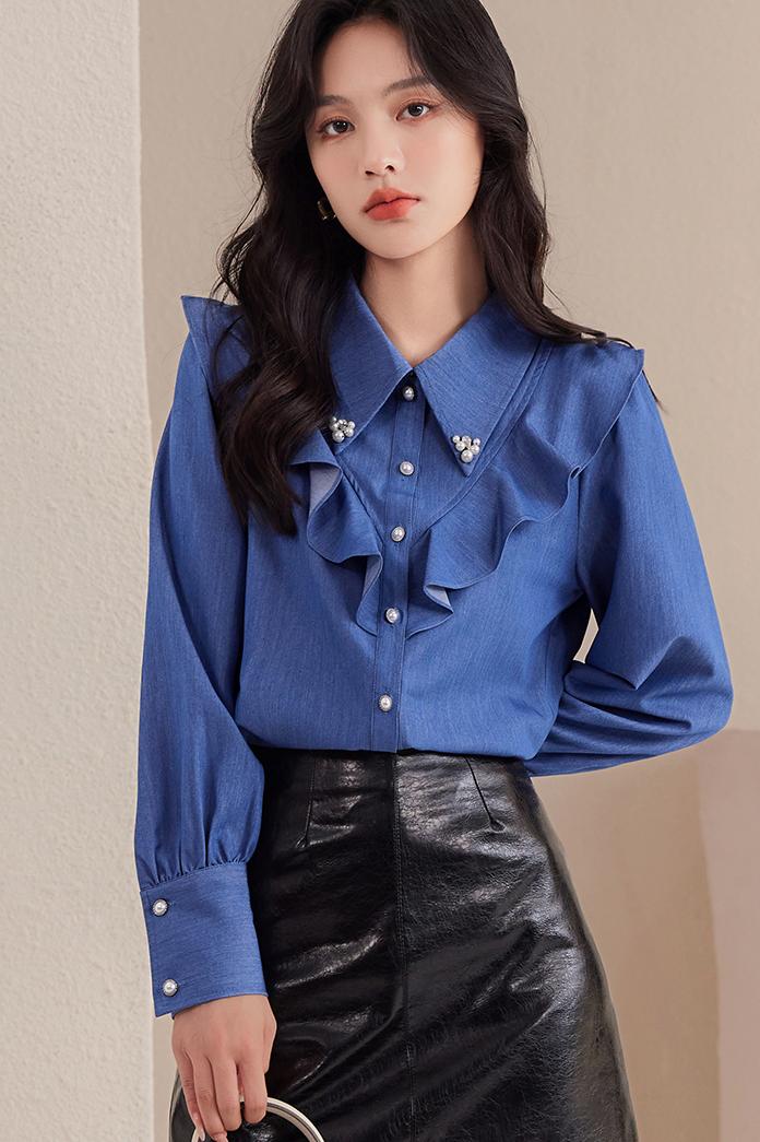 Long sleeve blue business suit niche shirt for women