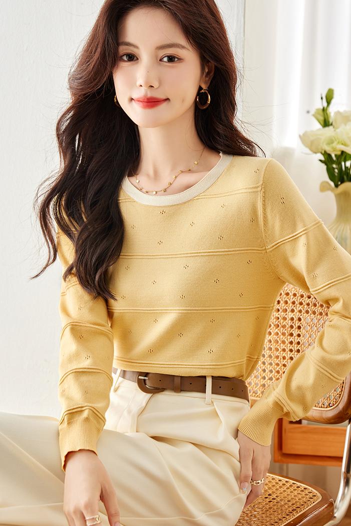 Long sleeve autumn round neck tops hollow mixed colors sweater