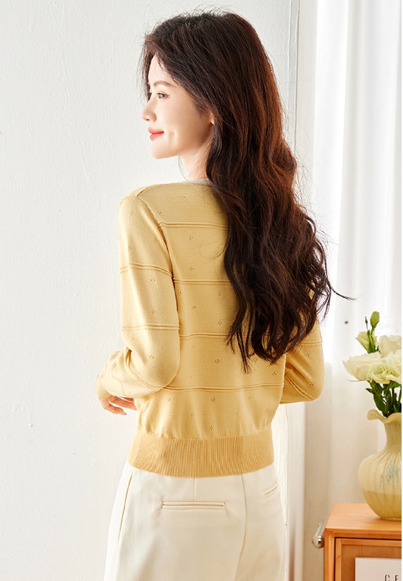 Long sleeve autumn round neck tops hollow mixed colors sweater