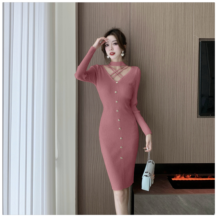 Halter autumn and winter T-back knitted dress for women