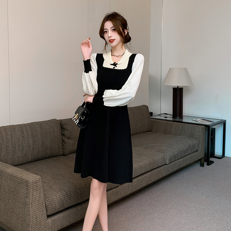 Bow fashion and elegant slim knitted doll collar dress