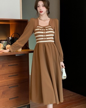 Square collar autumn splice Pseudo-two knitted retro dress