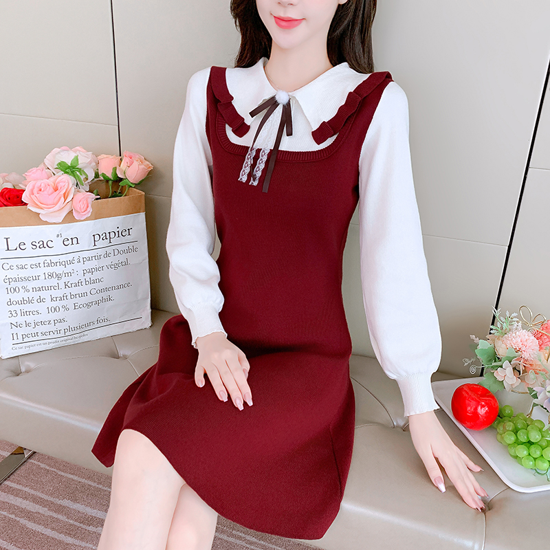 Korean style knitted bottoming bow dress