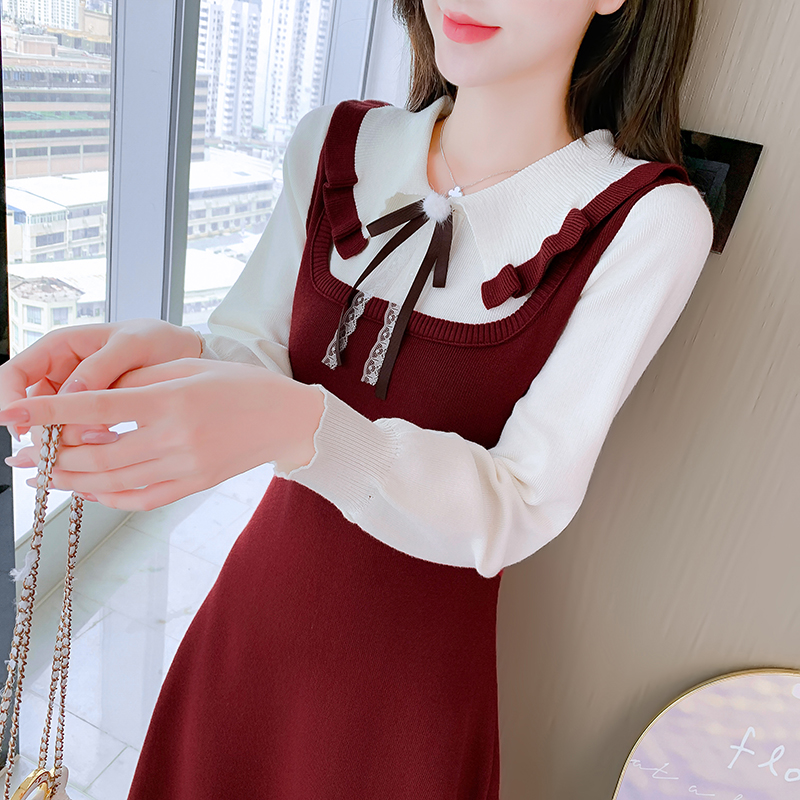 Korean style knitted bottoming bow dress