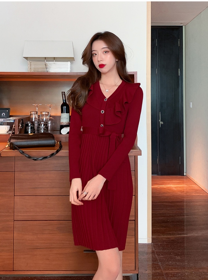 Buckle long sleeve wood ear dress knitted pullover sweater