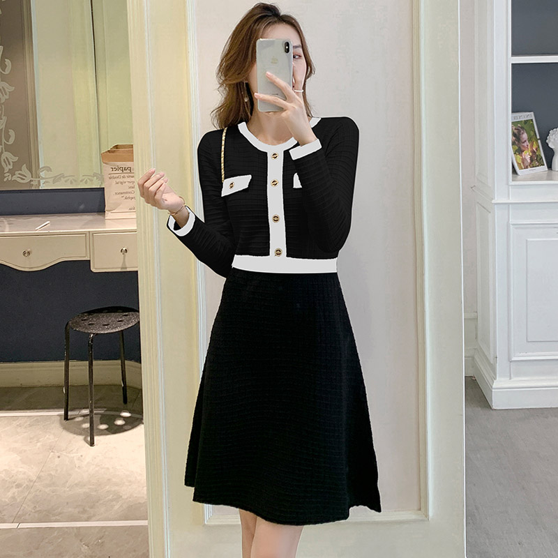 Long sleeve mixed colors sweater slim dress