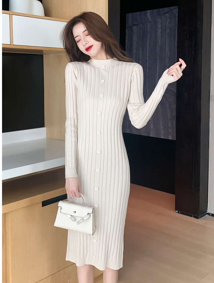 Retro knitted sweater temperament exceed knee dress