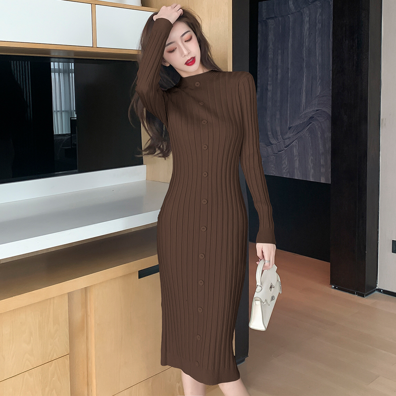 Retro knitted sweater temperament exceed knee dress