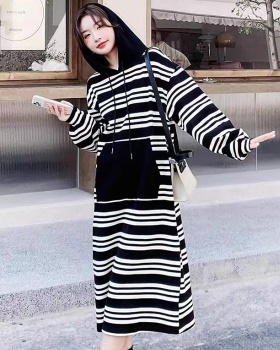 Stripe hooded long sleeve dress Casual straight hoodie