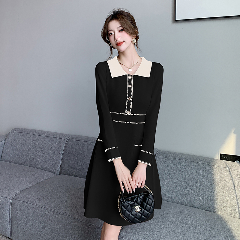 Knitted fashion and elegant pinched waist slim dress