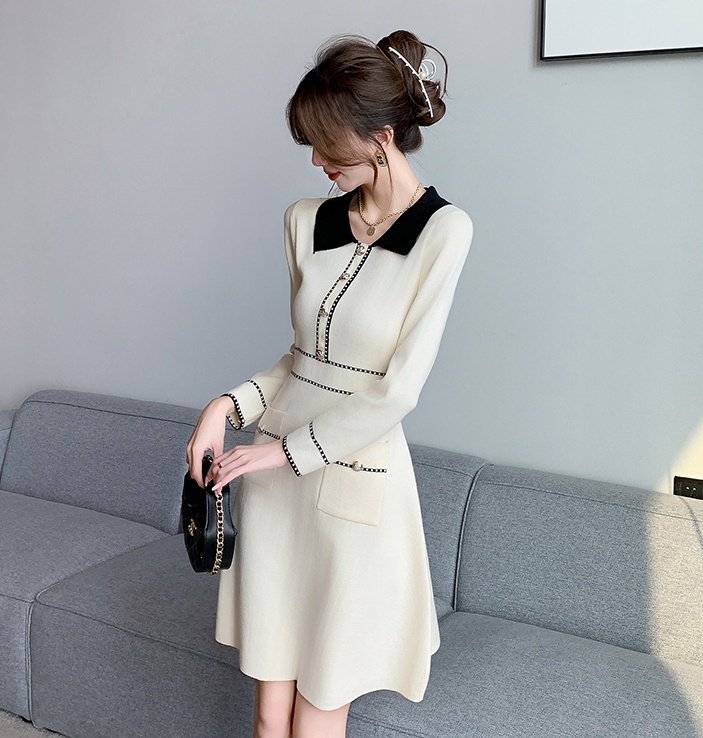 Knitted fashion and elegant pinched waist slim dress