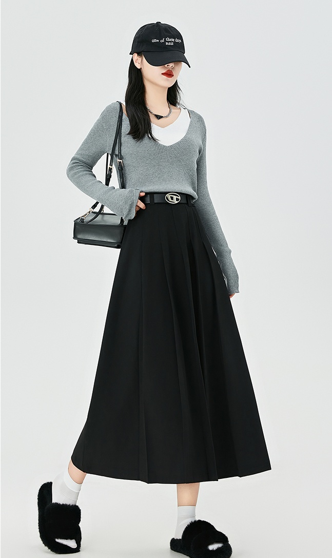 Pleated long A-line skirt gray high waist business suit