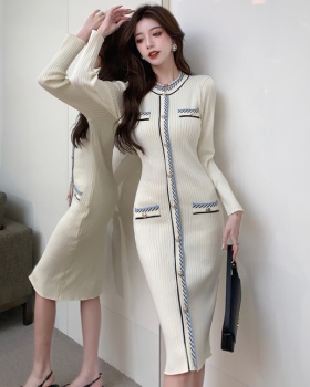 Knitted France style dress mixed colors slim sweater dress