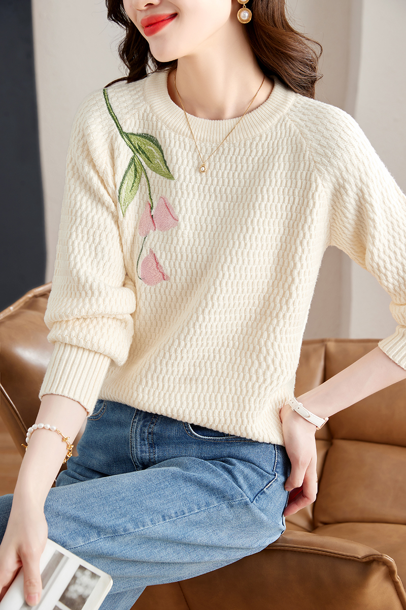 Loose knitted autumn embroidery sweater for women