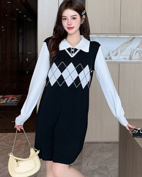 Knitted autumn all-match pullover Pseudo-two simple dress