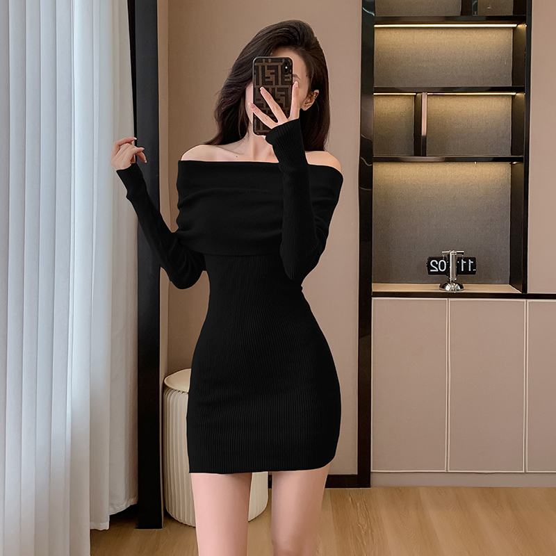 Flat shoulder lady slim France style autumn and winter dress