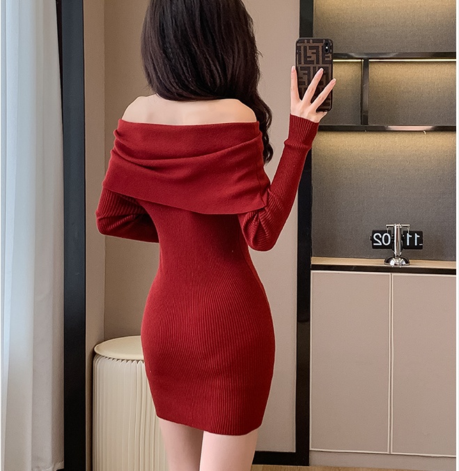 Flat shoulder lady slim France style autumn and winter dress