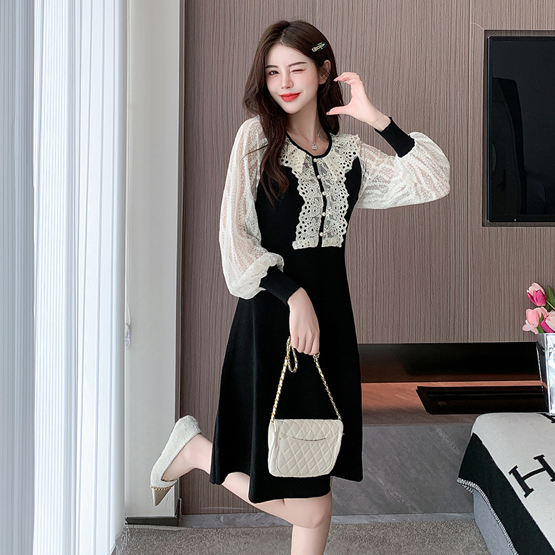 Bottoming temperament splice lace knitted dress