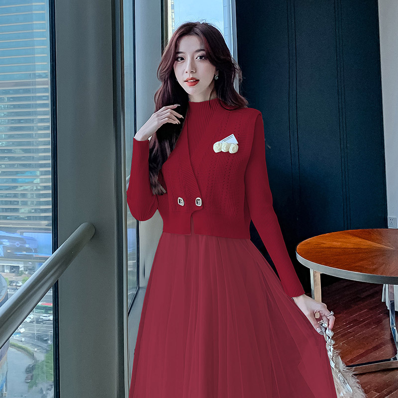 Korean style light dress knitted winter vest 2pcs set