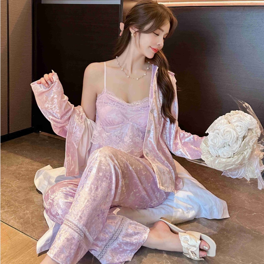 Homewear sexy nightgown lace pajamas 3pcs set for women