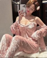 Golden velvet lace pajamas sling nightgown 3pcs set
