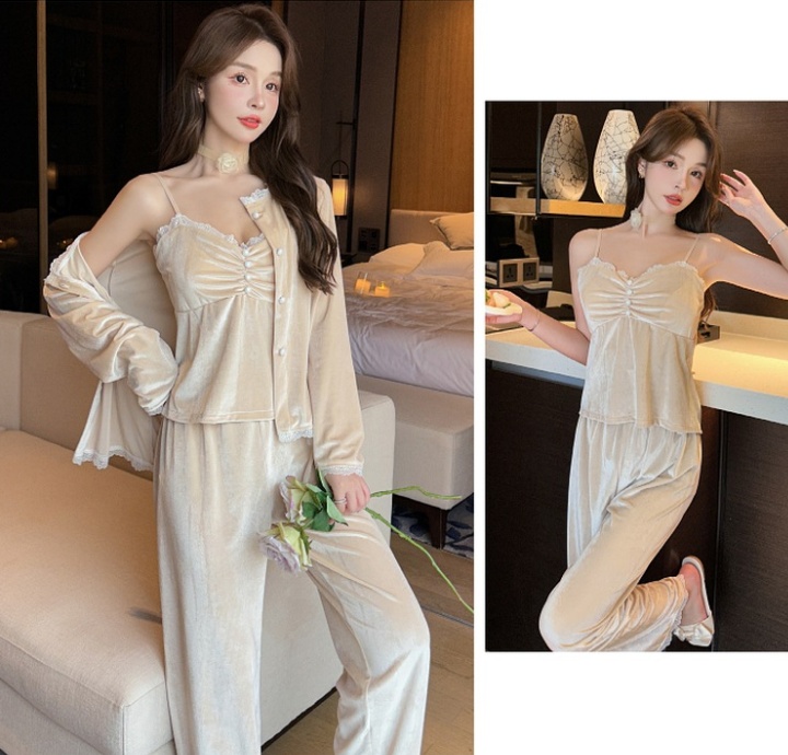 Golden velvet lace pajamas sling nightgown 3pcs set