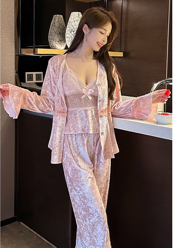 Lace long sleeve pajamas sexy nightgown 3pcs set for women BE81514 