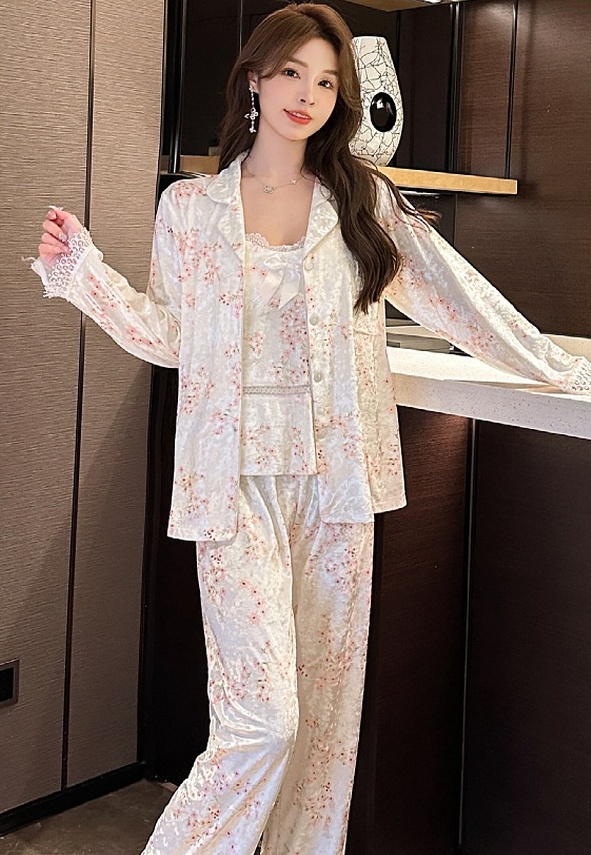 Sexy long sleeve pajamas lace nightgown 3pcs set for women