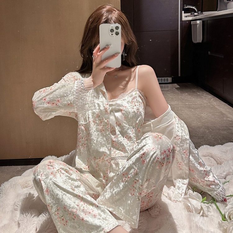 Sexy long sleeve pajamas lace nightgown 3pcs set for women