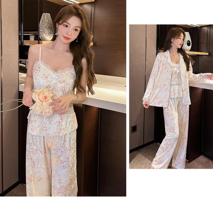 Sexy long sleeve pajamas lace nightgown 3pcs set for women