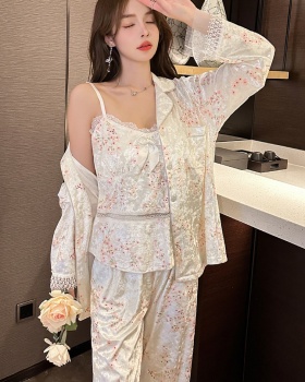 Sexy long sleeve pajamas lace nightgown 3pcs set for women