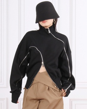 Pure irregular zip tops autumn Casual loose hoodie for women