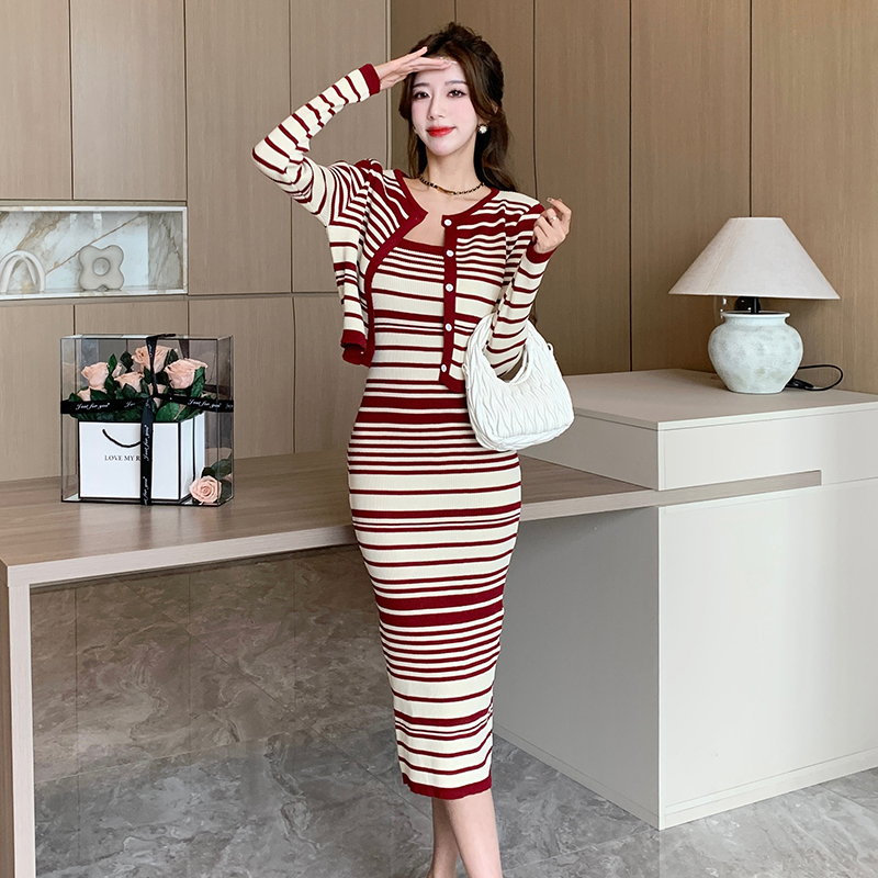 Mixed colors fashion stripe cardigan knitted sling dress 2pcs set