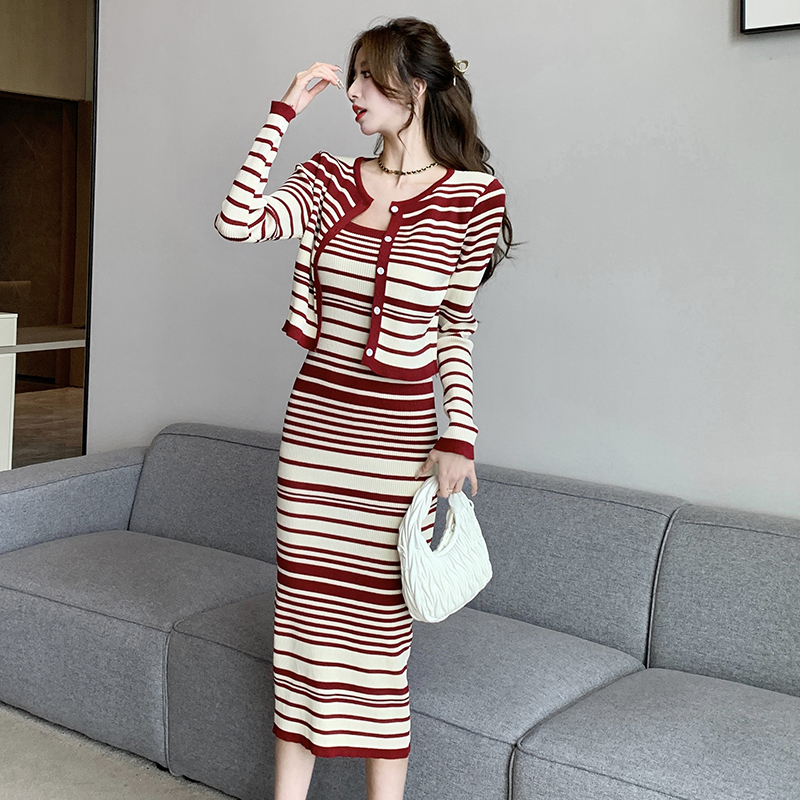Mixed colors fashion stripe cardigan knitted sling dress 2pcs set