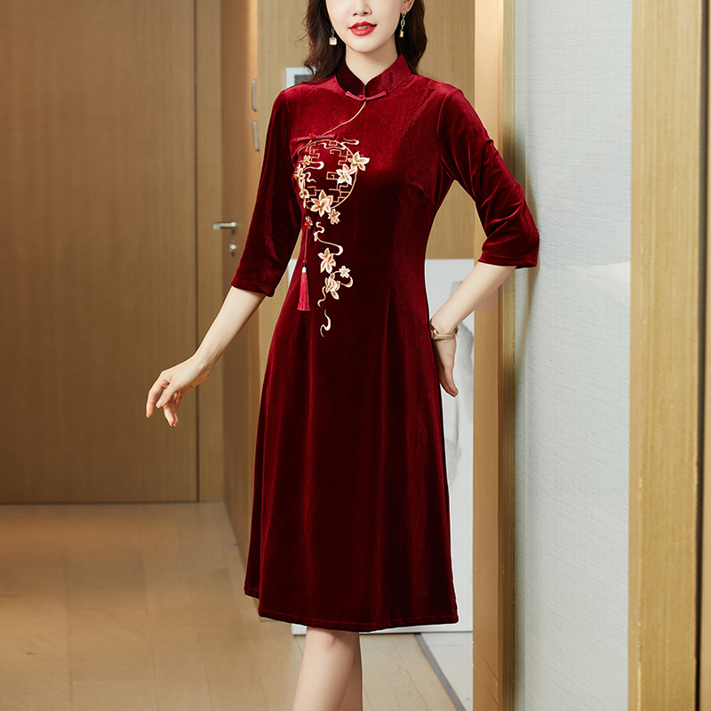 Short sleeve autumn banquet middle-aged dress for women
