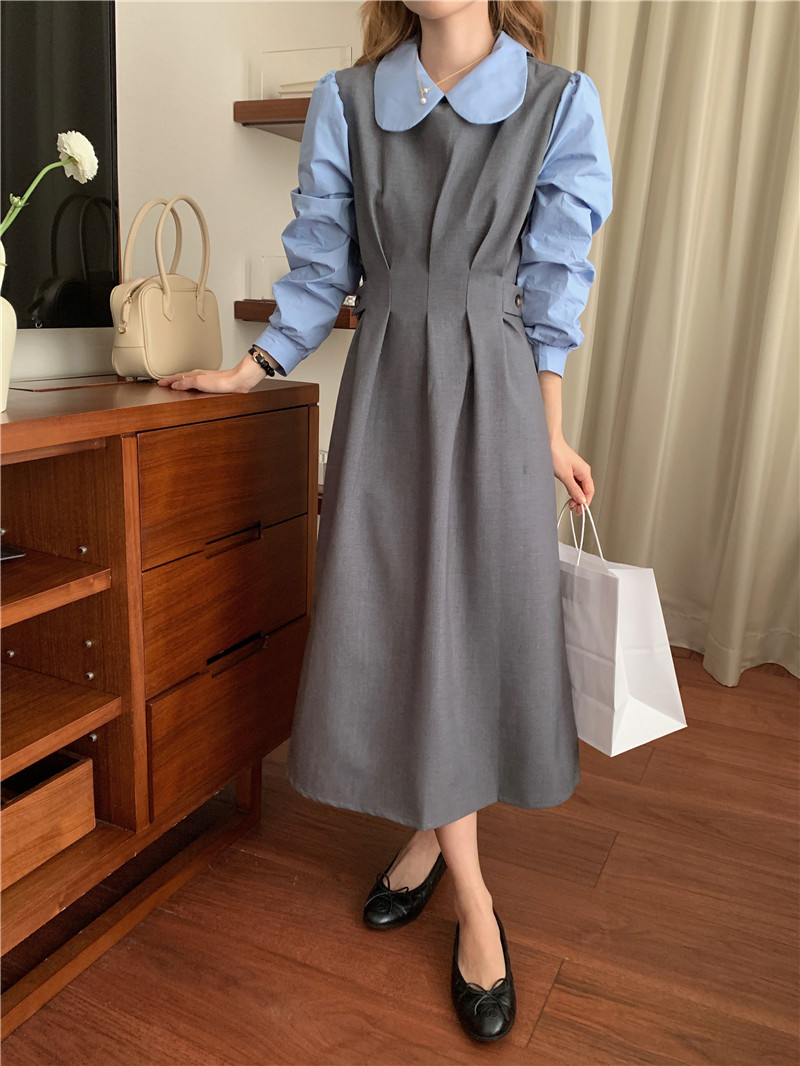 Retro long mixed colors slim Korean style dress