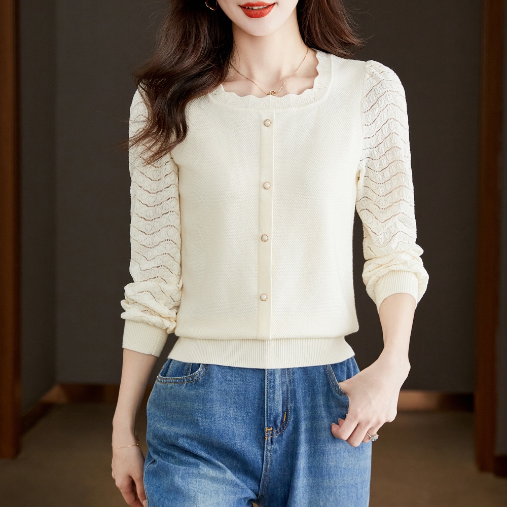 Lace square collar autumn tops pullover long sleeve sweater