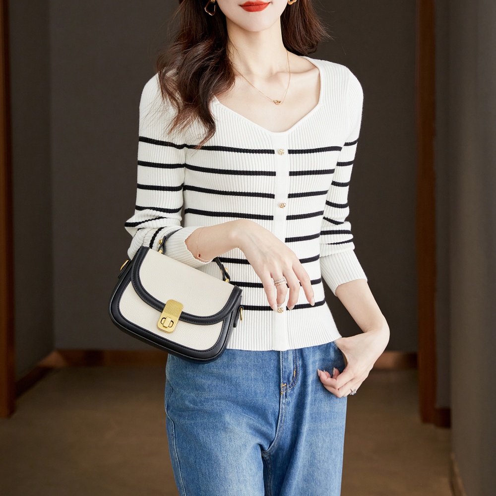 Square collar mixed colors autumn cozy sweater for women