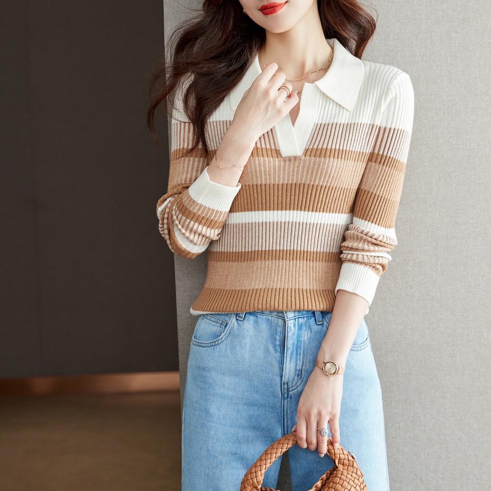 Mixed colors V-neck stripe sweater niche France style small shirt