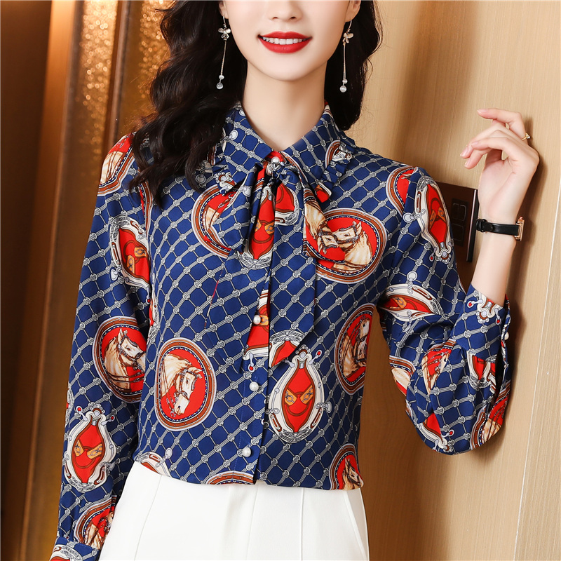 Real silk fashion France style tops autumn bow printing shirt