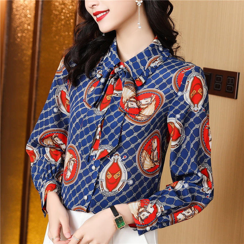 Real silk fashion France style tops autumn bow printing shirt
