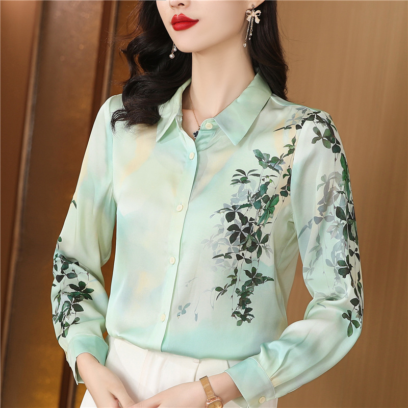 Long sleeve silk Casual tops autumn lapel real silk shirt
