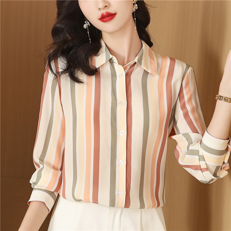 Real silk retro long sleeve niche tops silk slim stripe shirt