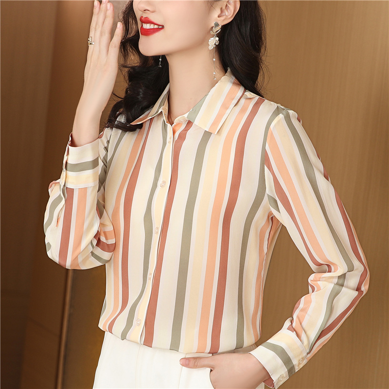 Real silk retro long sleeve niche tops silk slim stripe shirt